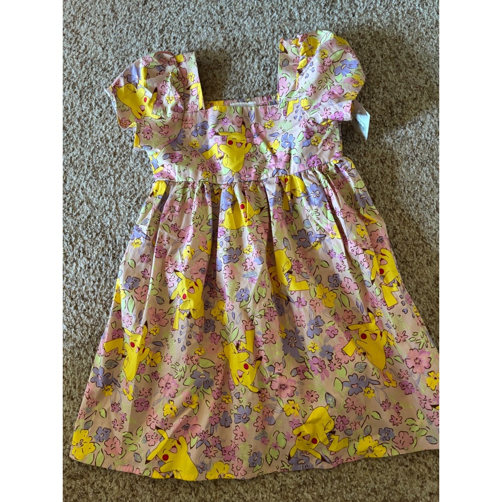 Pokemon Pikachu Floral Dress Girls Pink Yellow Smocked Puff Sleeve NWT 6/7